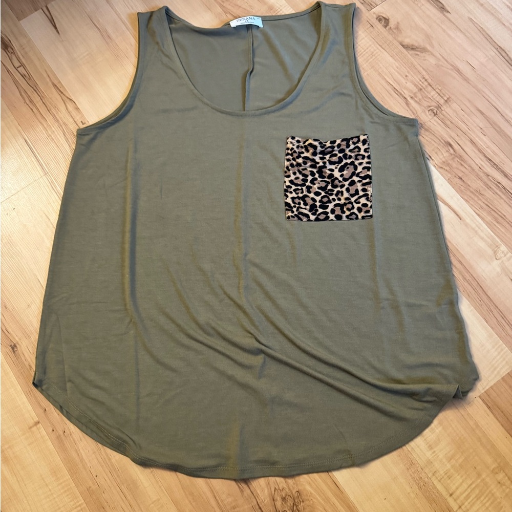 Zenana Olive Green Tank Top with Leopard Pocket